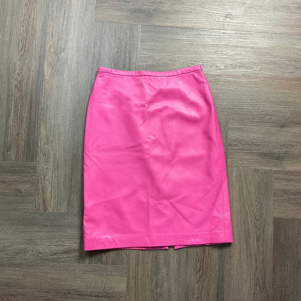 Vintage Oscar de la Renta Lamb Leather Pencil Skirt 2P Hot Pink Classic Petite
